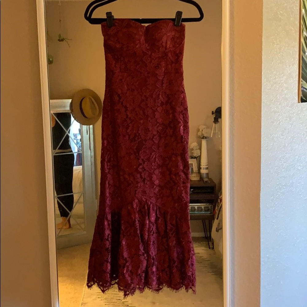 Lulus Divine Nights Red Lace Strapless Midi Dress